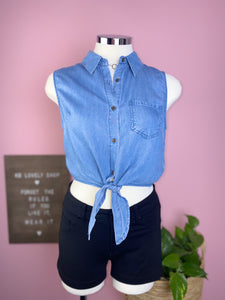 Denim Sleeveless Crop Top With Tie